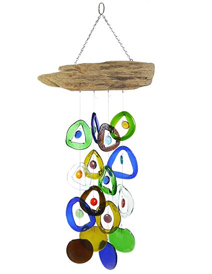 Recycled Wine Bottle Glass Windchime on Driftwood