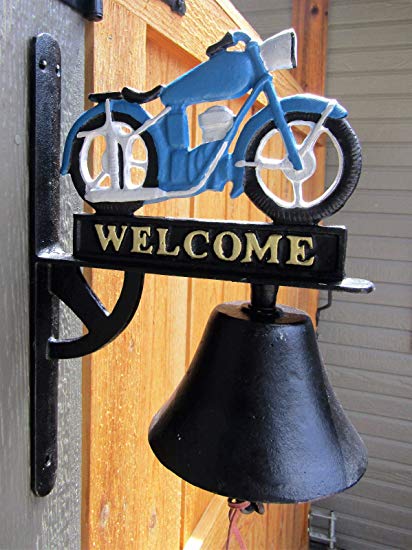 Antique-Style Cast Iron Painted MOTORCYCLE Motif WELCOME Dinner BELL Windchime Wind Chime Farm